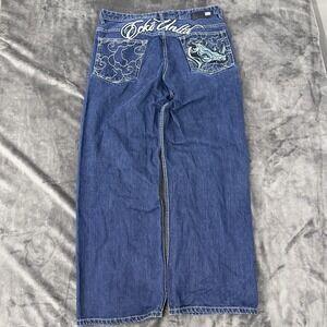 Ecko Unltd Jeans Mens 38x31 Blue Baggy Fit Wide Leg Rhino Embroidered Denim Y2K